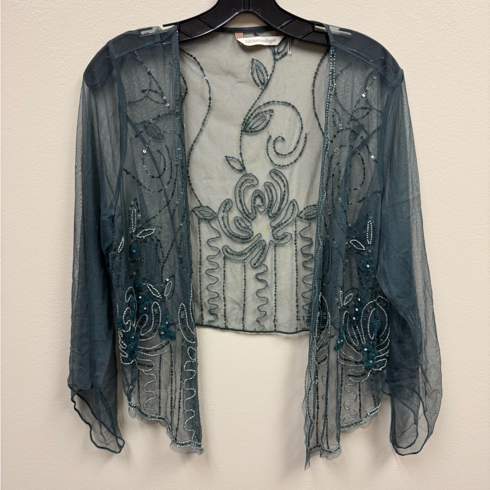 Soft Surroundings Green Embroidered Mesh Cardigan Top Size Large